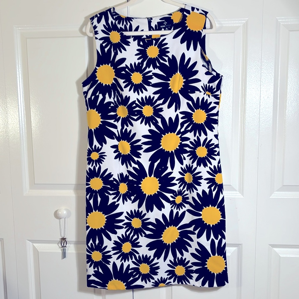 Ronnie Nicole Sunflower Shift Dress Black White Yellow Size 16